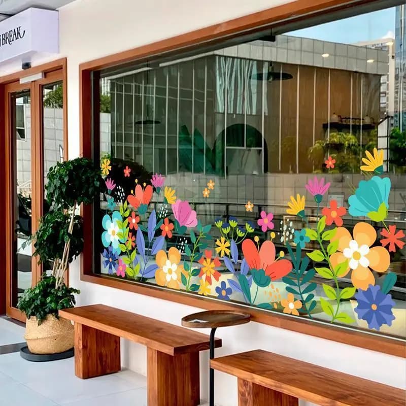 European Style Colorful Little Flower Creative Stickers Shop Glass Window Film Decorations Electrostatic Adsorption Door Decor