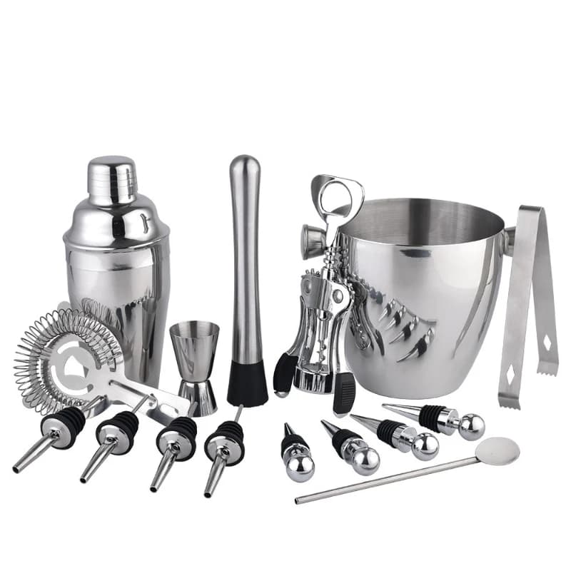 Stainless steel high-end wine set, full set of bar cocktail bartender set combination 16-piece set with ice bucket