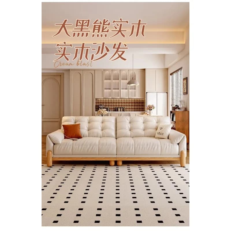 q-4  solid wood cream-style sofa for small living room apartments, adjustable large seat, deep leather sofa
