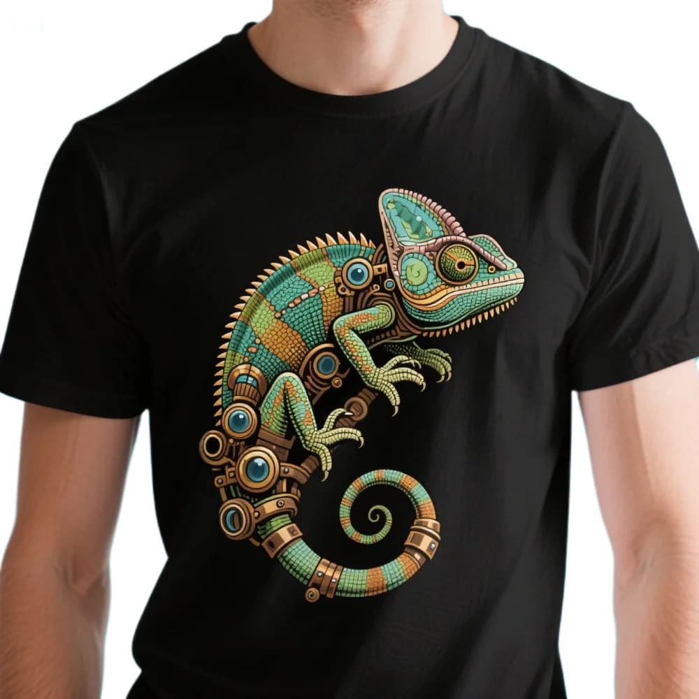 Steampunk Chameleon Transformation Illustration T-Shirt 100% Cotton O-Neck Summer Short Sleeve Casual Mens T-shirt Size S-3XL