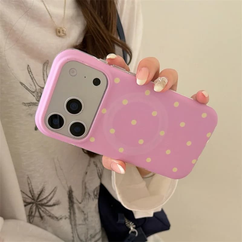 Korean Pink Polka Dots Magnetic Phone Case For iPhone 17 Pro 16 15 14 Pro Max Cover Shockproof Protective Cases For Magsafe Cute