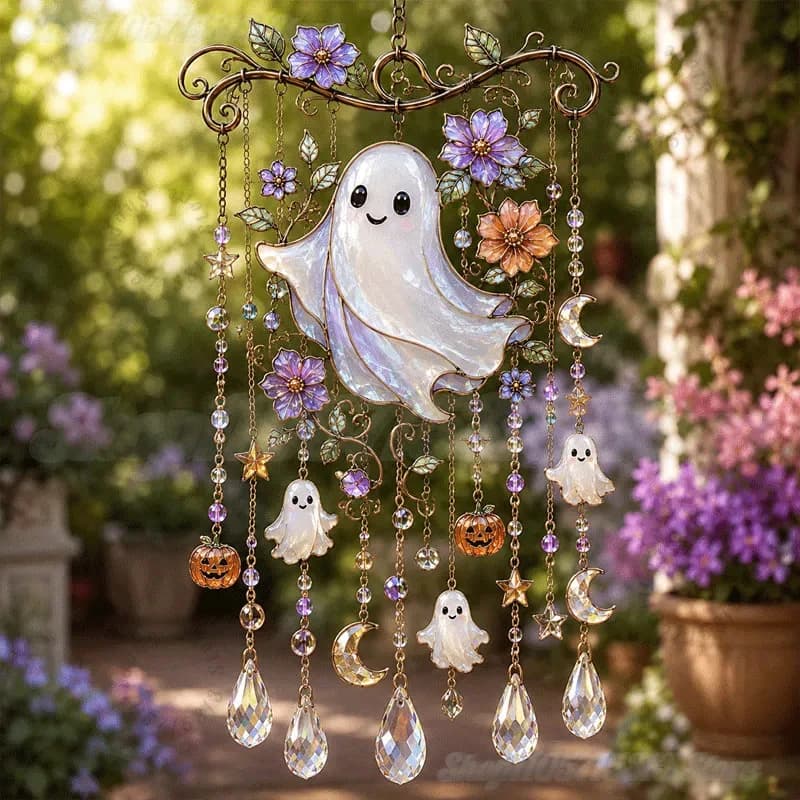Halloween Ghost Floral Suncatcher Wind Chime Crystal Window Hanging Ornament Dark Cottagecore Witchy Halloween Decor Gift