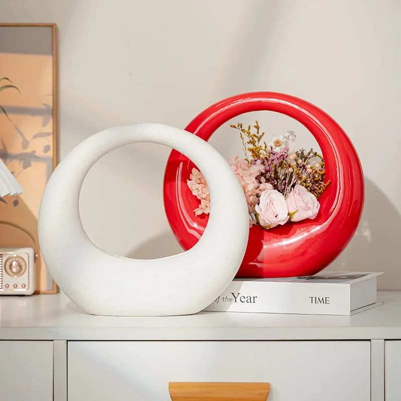 Modern ceramic round moon vase ornaments,living room bedroom dining table dried flower basket decoration,wedding decoration vase