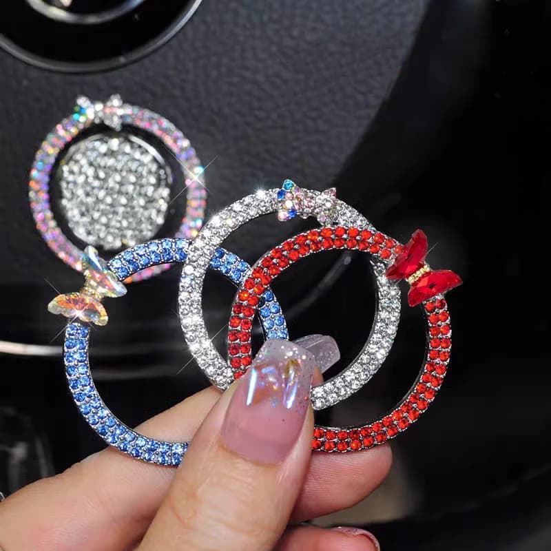2pcs Hot Sales Rhinestone Car Start Button Decoration Circle Diamond Butterfly One Click Start Button Engine Start Stop Stickers