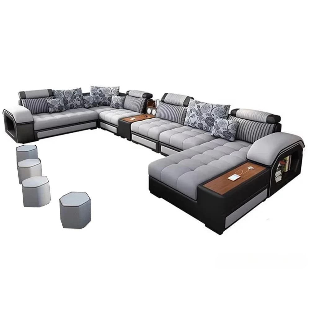 U-Shaped Sectional Fabric Sofa Set - Modern Living Room Furniture with Storage, Built-in Side Tables, USB, and Cushions