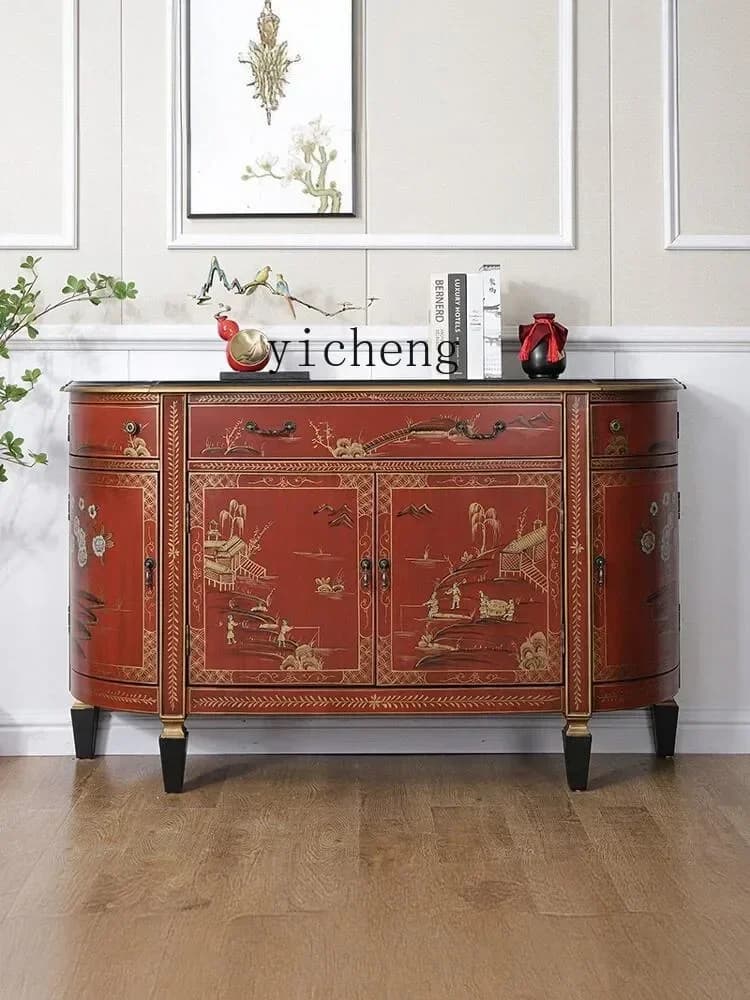 c9.21-Solid Wood Home Entrance Cabinet Classical Painted Character Storage Living Room Lobby Wall Sideboard Cabinet