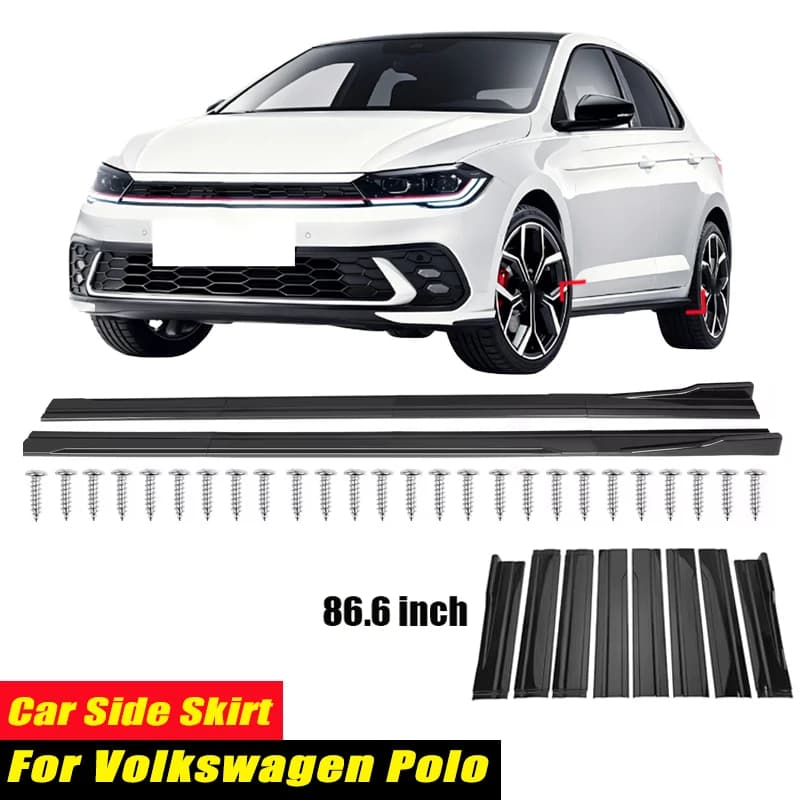 For Volkswagen Polo Racing Style Side Skirts 86.6Inch 2.2M Rocker Panels Side Lip, ABS 8Pcs Glossy Black Car Body Kit