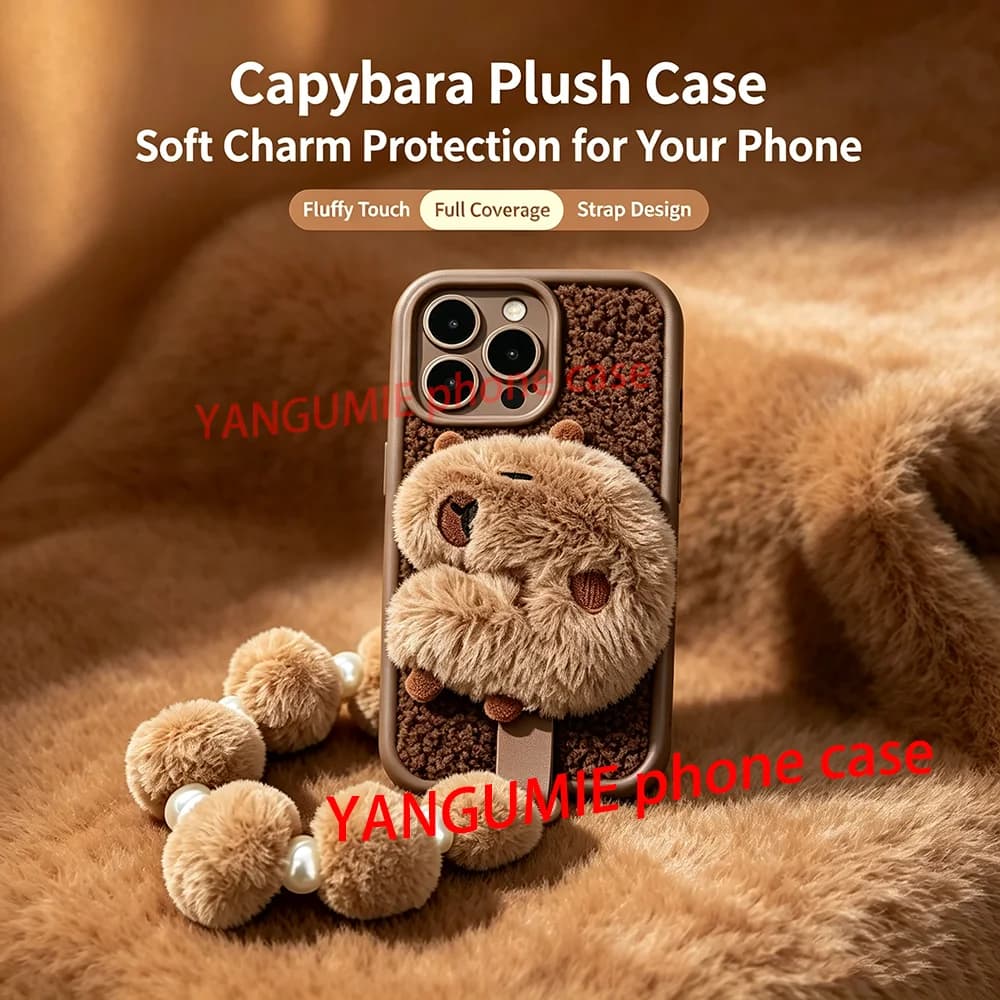 Cute plush capybara with wrist strap, compatible with Apple iPhone 16 Pro Max case, iPhone 15/14 soft case, 12/13 wrist strap,11