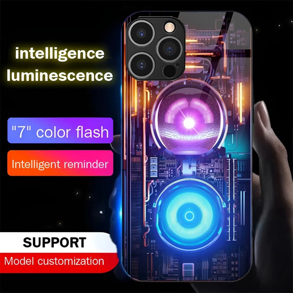 Cyber CPU Fan Pattern LED Music Flash Phone Back Cover Glowing Glass Case For iPhone Air 18 17 16 E 15 14 13 12 11 Pro Max
