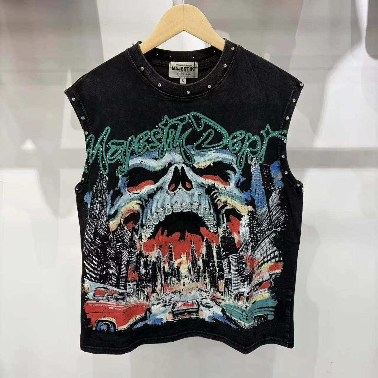 MAJESTIK Retro Graffiti Skull Print Beaded Sleeveless T-Shirt - Loose Fit, Versatile, Rock Style Blouse for Men and Women