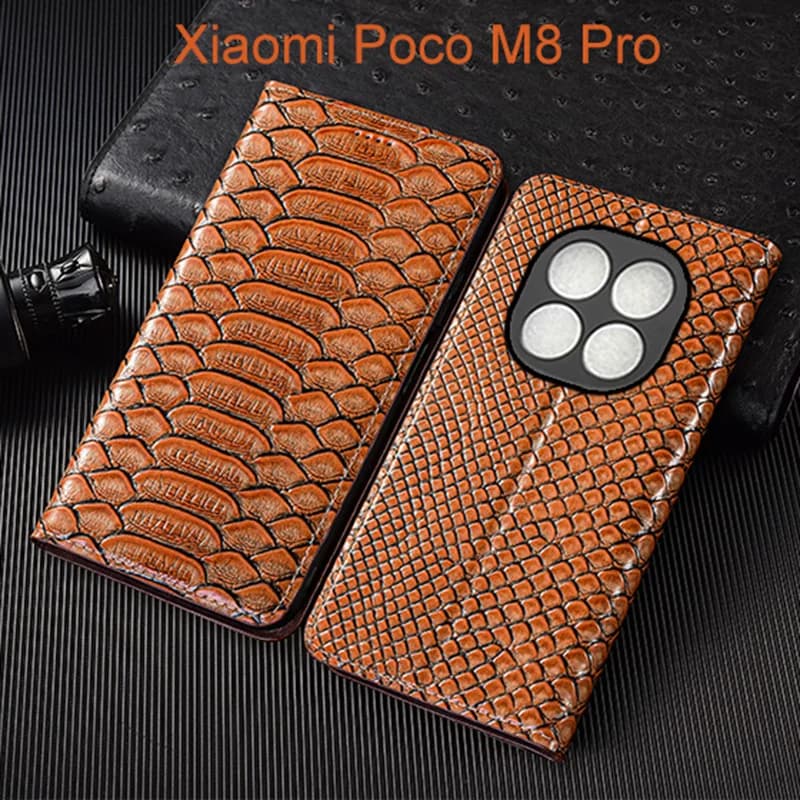Genuine Leather Flip Case For Xiaomi Poco M8 M8s Pro Phone Cover Card Cases Python Pattern Handmade