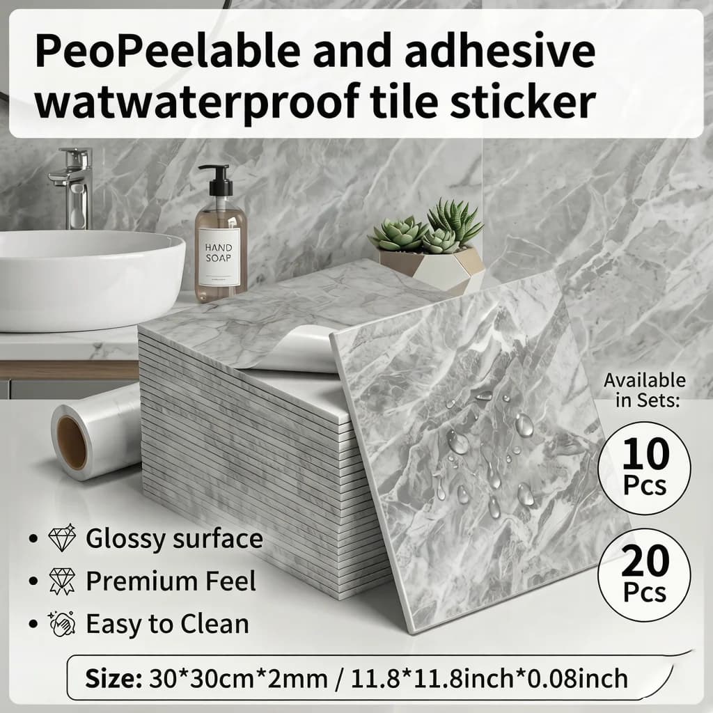 Peel stick marble backsplash tile 12in self adhesive waterproof wall sticker PET for kitchen bathroom home decor