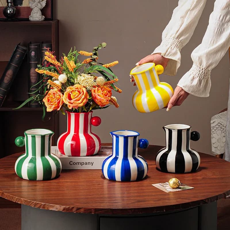 Ceramic Stripes Vase Flower Arrangement Chinese Retro Decoration Porcelain Bottle Flower Vase Home Decoration Accessories