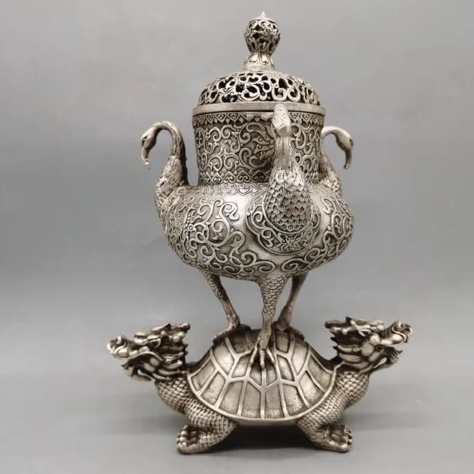 Chinese White Brass Silver-Plated Crane Turtle Incense Burner Longevity Dragon Tortoise Base Three Cranes Censer Home Decor