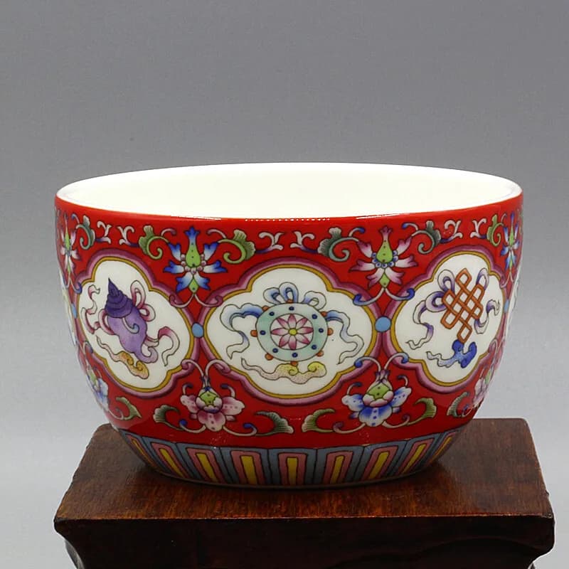 3.5" Chinese Qing Porcelain Bare Red Bottom Treasures Lotus Flower Branch Cup