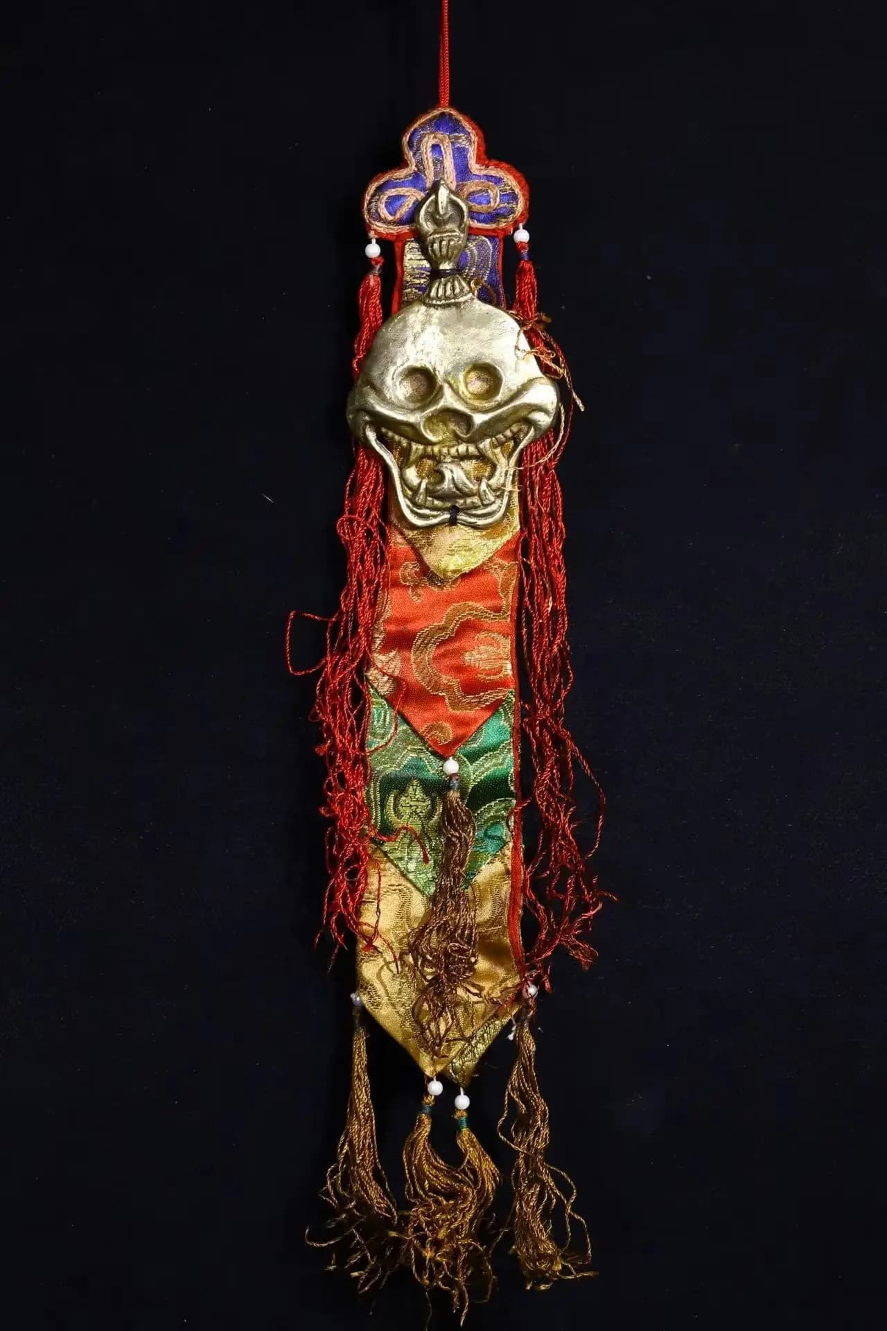 20"Nepalese folk Old Bronze Cinnabar Skull Head Mask Prayer Flags Amulet Pendant hanging Screen Worship Hall