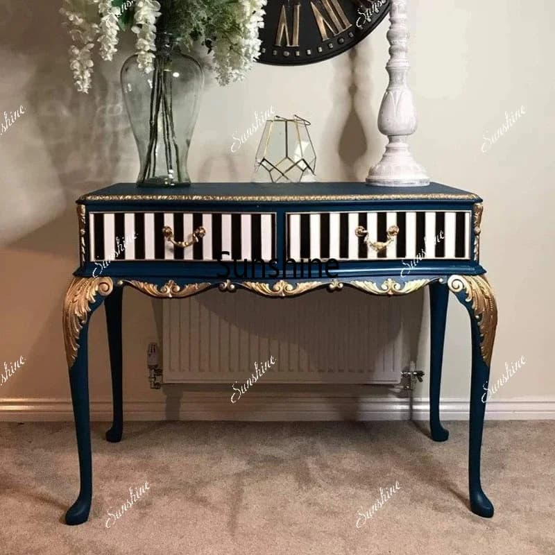 French retro porch, neoclassical, carved striped drawer table/living room decoration