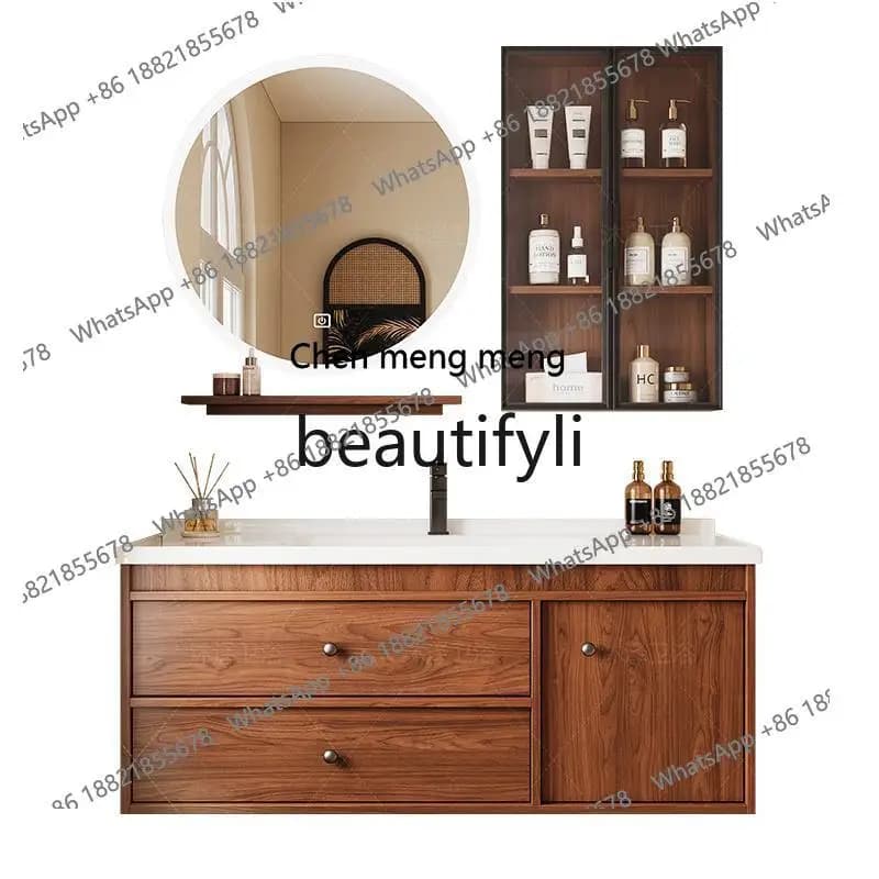 Medieval ceramic integrated basin bathroom cabinet hand washbasin combination bathroom round mirror washstandH