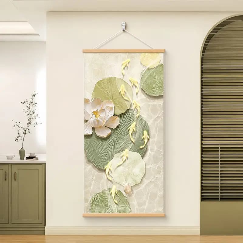Aesthetic Room Decor Lucky Nine Fish Pond Art – Oriental Feng Shui Wall Scroll for Home Entrance, Spa & Wellness Center