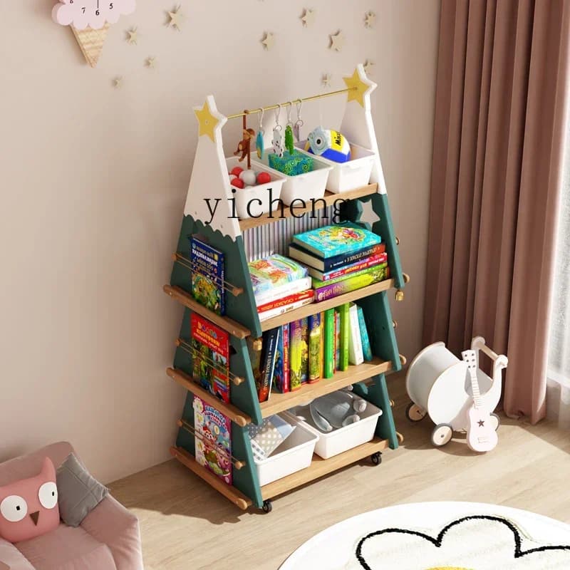 B1 Christmas tree mobile bookshelf with wheels creative floor multi-layer solid wood children's bookshelf