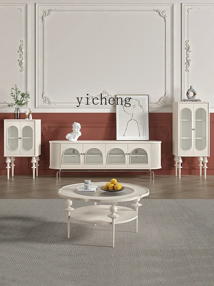 TQH6.23 Solid Wood Gourd Leg Mid-Ancient Side Cabinet Cream White Changhong High Glass Cabinet Locker