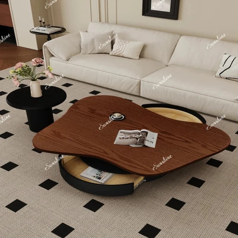 Medieval style special-shaped living room household small apartment walnut leather creative coffee table combination