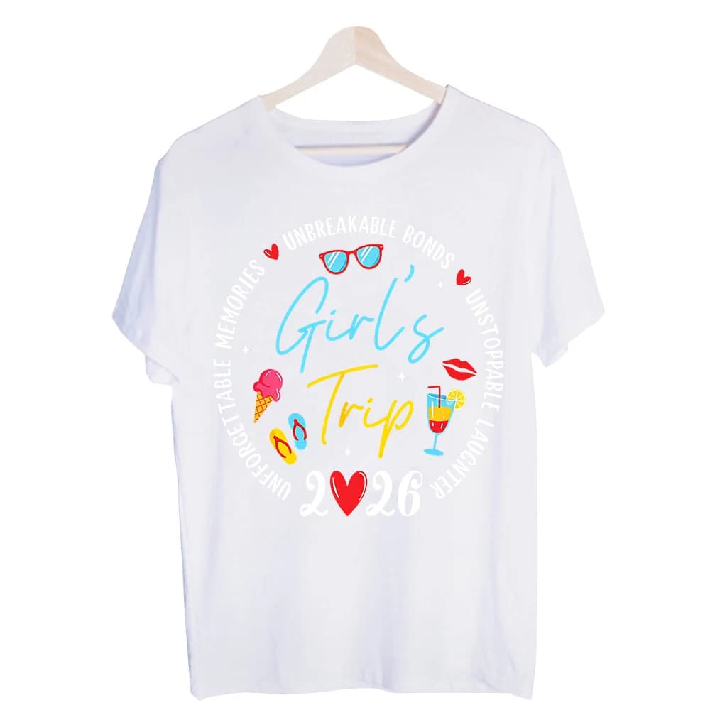 Women's Girls Trip Typography Graphic Tee, Short Sleeve Casual T-Shirt for Vacation and Summer Outfits