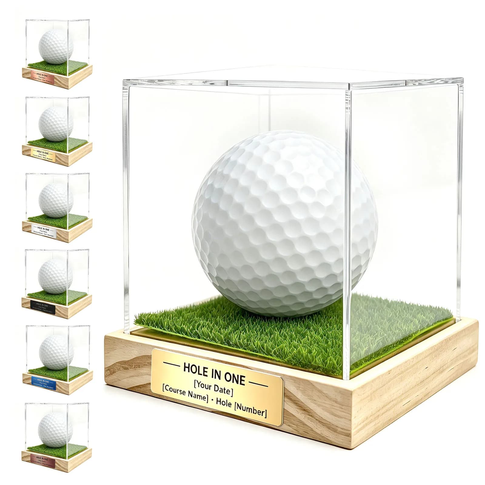 Custom Hole in One Golf Ball Display Case,Clear Acrylic Single Ball Holder with Personalized Engraved Nameplate ﻿ ﻿