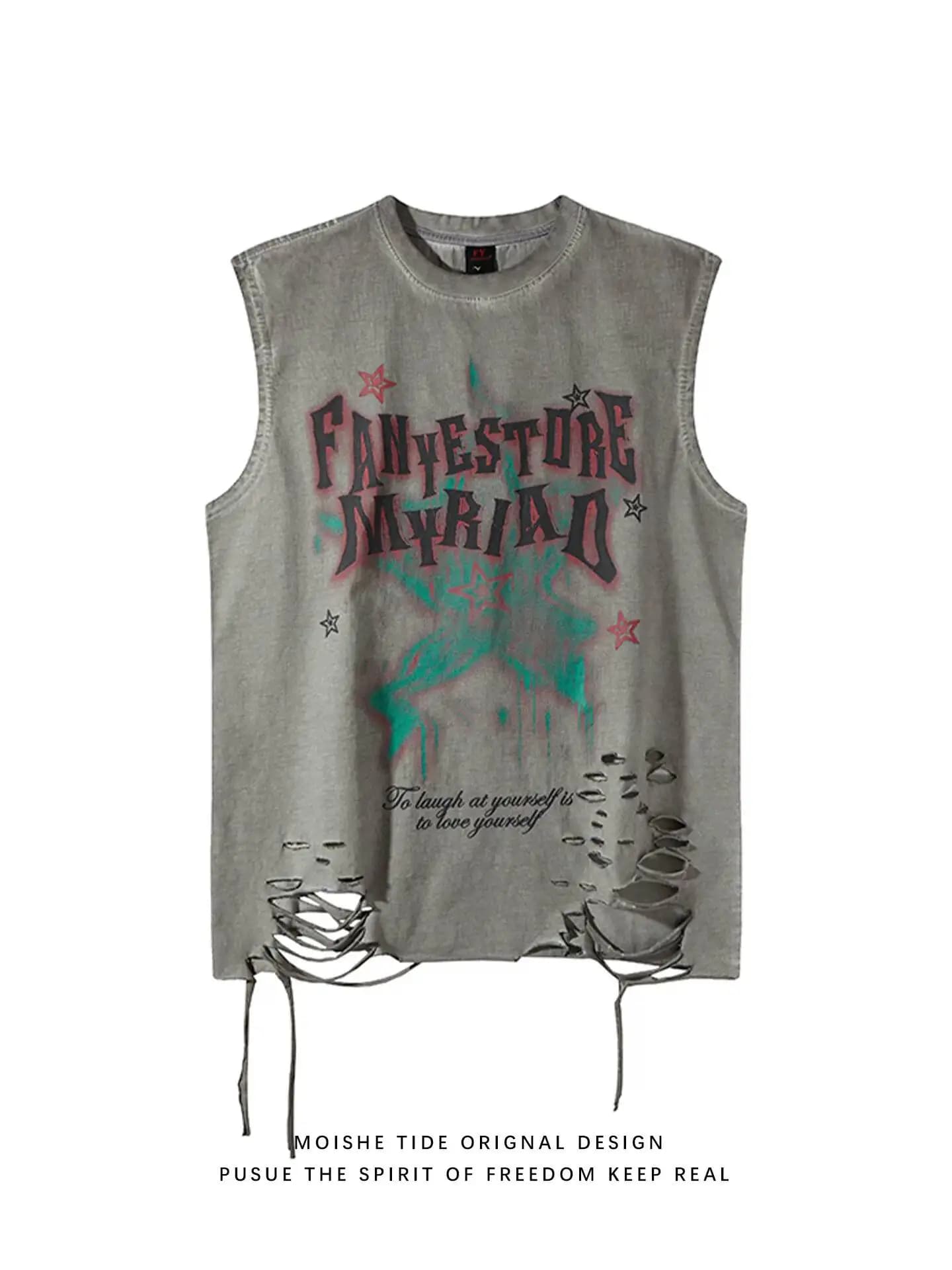 2026 New American Street Ripped Washed Sleeveless T Shirt Men Women Summer Loose Stylish Cut Off Shoulder Tank Top