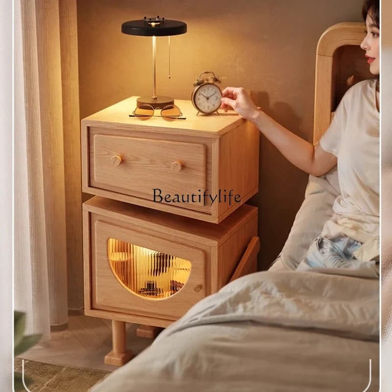 LXSolid wood bedside table, bedroom with lamp storage, tilted head robot cabinetSSS