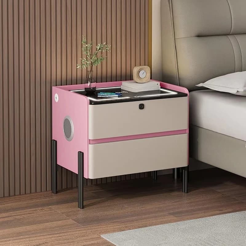 Modern luxury smart bedside table with 2 drawers, wireless charging function and safety lock, with speaker, suitable for bedroom
