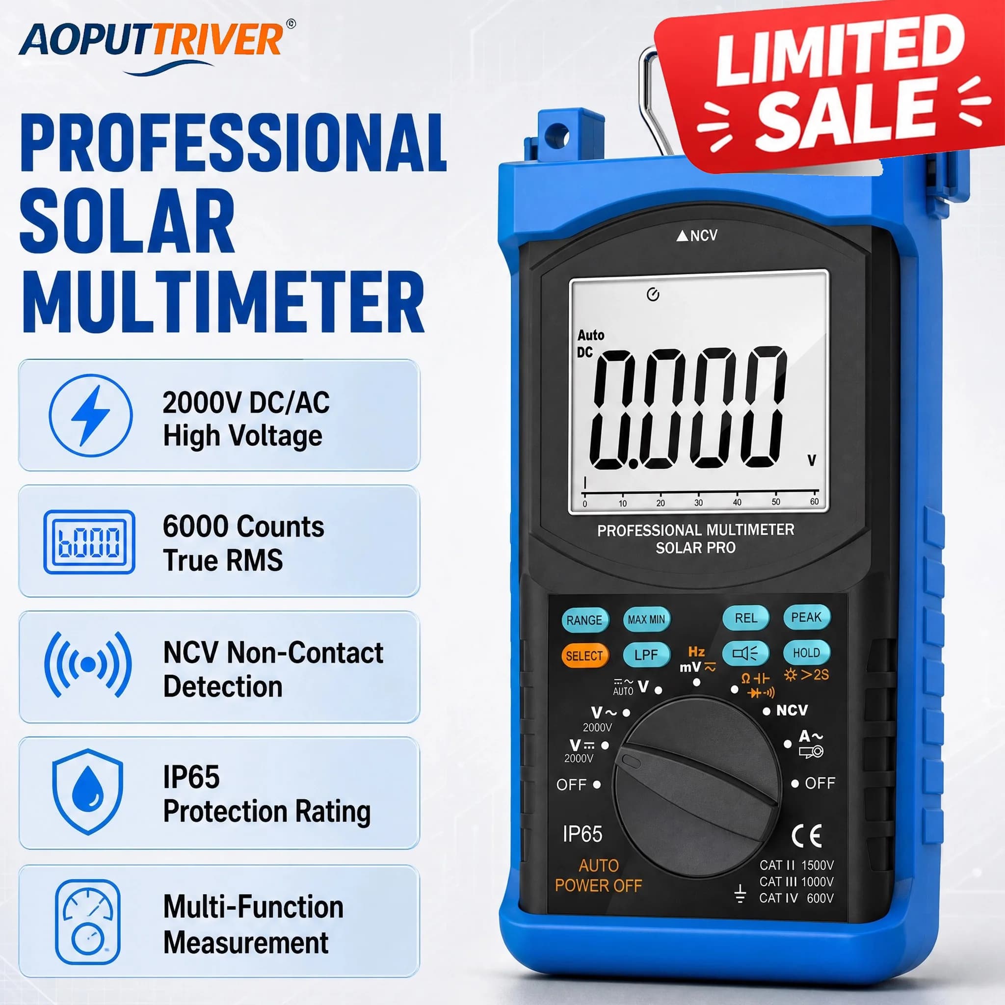 HoldPeak 6688T Solar Pro Multimeter 6000 Counts TRMS 2000V DC AC Photovoltaic Tester NCV IP65 for Solar Panel Inverter Repair