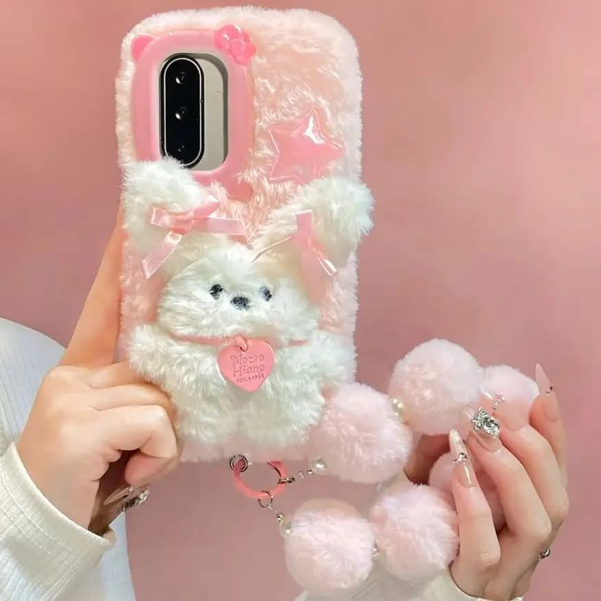 Kawaii Soft 3D Plush Bow Bunny Fuzzy Phone Case for S26 Ultra Pom Pom Bead Wrist Strap Protect Cover for Samsung Galaxy S25 A57