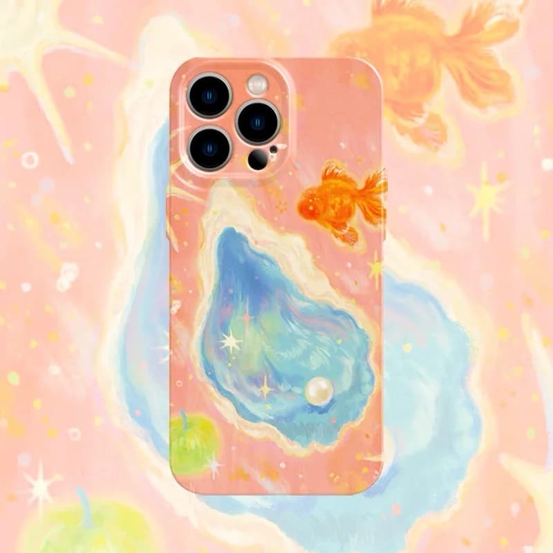 Orange Oil Painting with Pearls and Shells Case for IPhone 16E 15 14 13 Pro Max 12 Mini 11 Shockproof Protective Hard PC Cover
