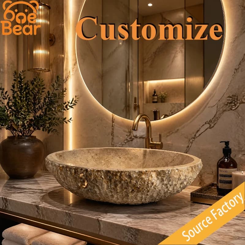 Any Size Custom Luxury Sink Beige Travertine Natural Engineered Stone Waterproof Anti Stain Easy Clean Home Bathroom