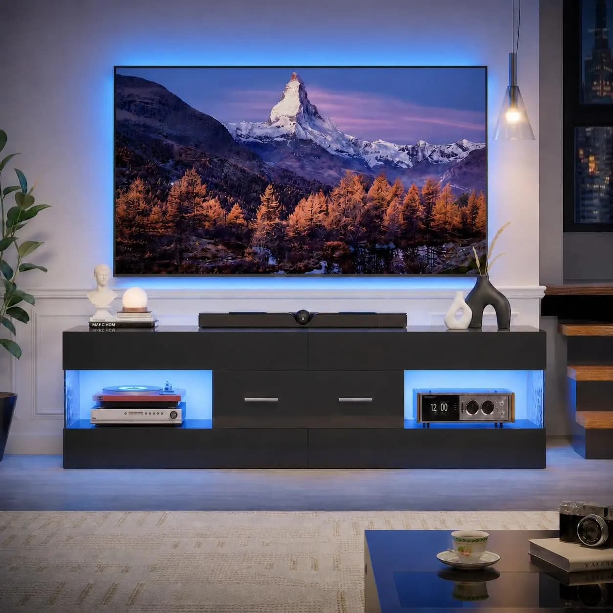 60" Modern TV Stand for TVs Up to 65", High Gloss Media Console with Stone Pattern, 7-Color LED Lights, Storage Drawer