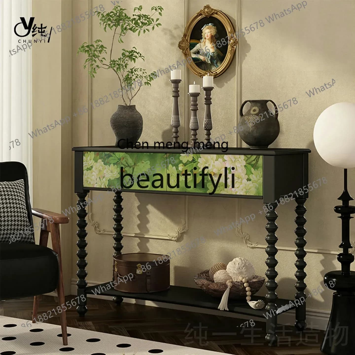 A32 Chinese Style Flower and Bird Pattern Solid Wood Flower Stand Balcony Multi-layer Storage Rack French Style Flower Cabinet