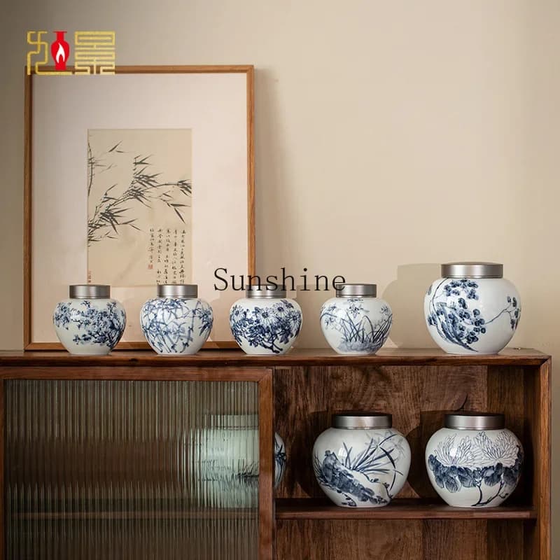 YCeramic tea can sealed storage hand-painted blue and white plum orchid bamboo chrysanthemum high-grade