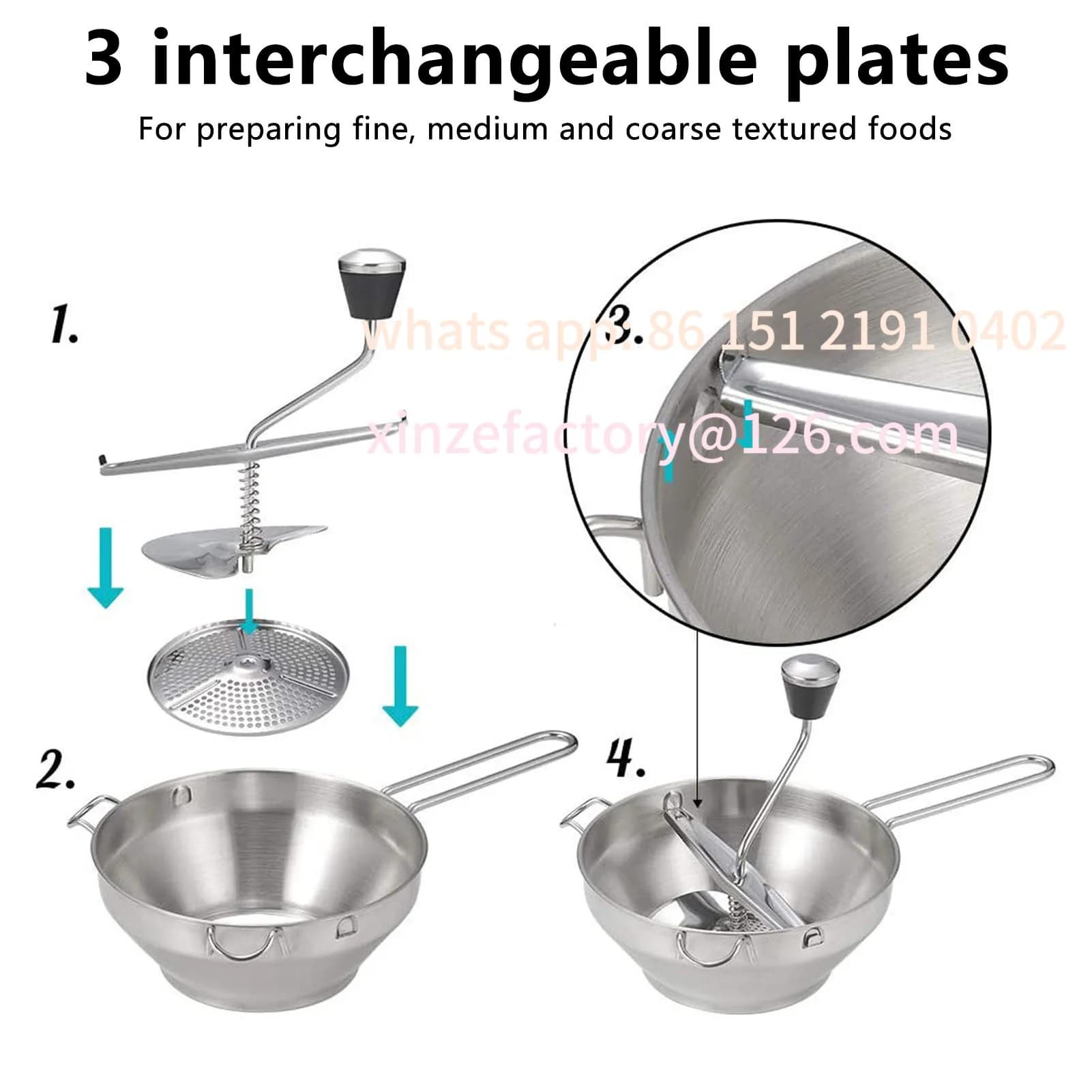 Customizable Manual Stainless Steel Mill Stainless Food Mill Manual Jams Masher Vegetable Fruit Potato Garl