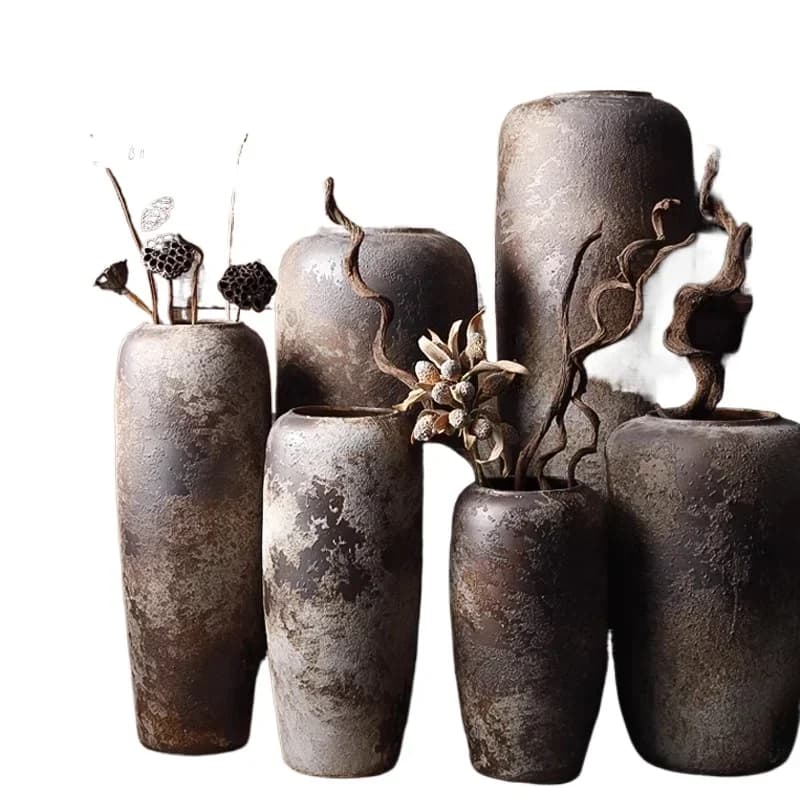 Retro ceramic vase, living room flower arrangement ornament, large floor-to-ceiling pottery pot, coarse pottery dried flowers, d