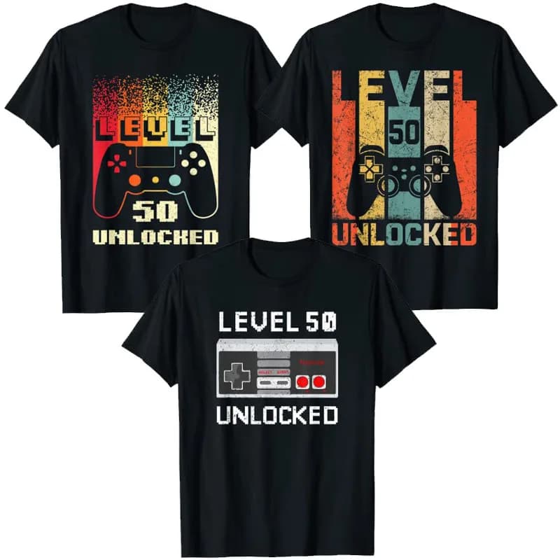 Vintage 50th Birthday Game Level 50 Unlocked 50 Years Old Gamer T-Shirt Video Games Retro Fiftieth B-day Tee Tops Husband Gifts