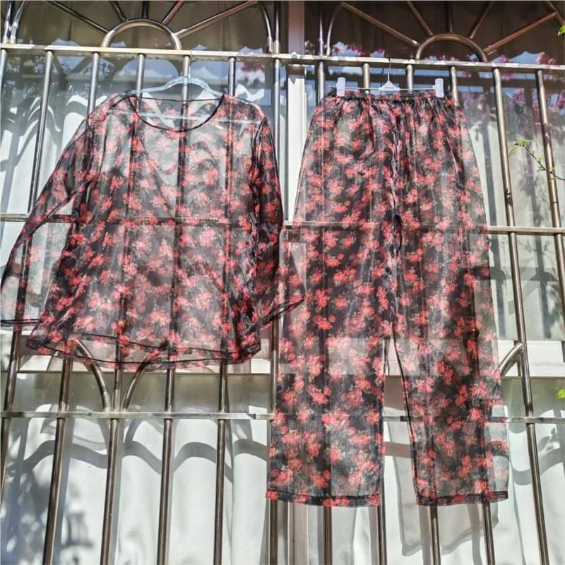 Men Women Sexy Sheer Voile Transparent and soft silky long sleeved long pants two-piece pajamas Plus Size Top Pants
