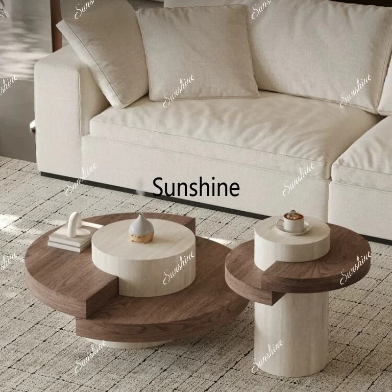 French retro travertine coffee table combination, round living room coffee table