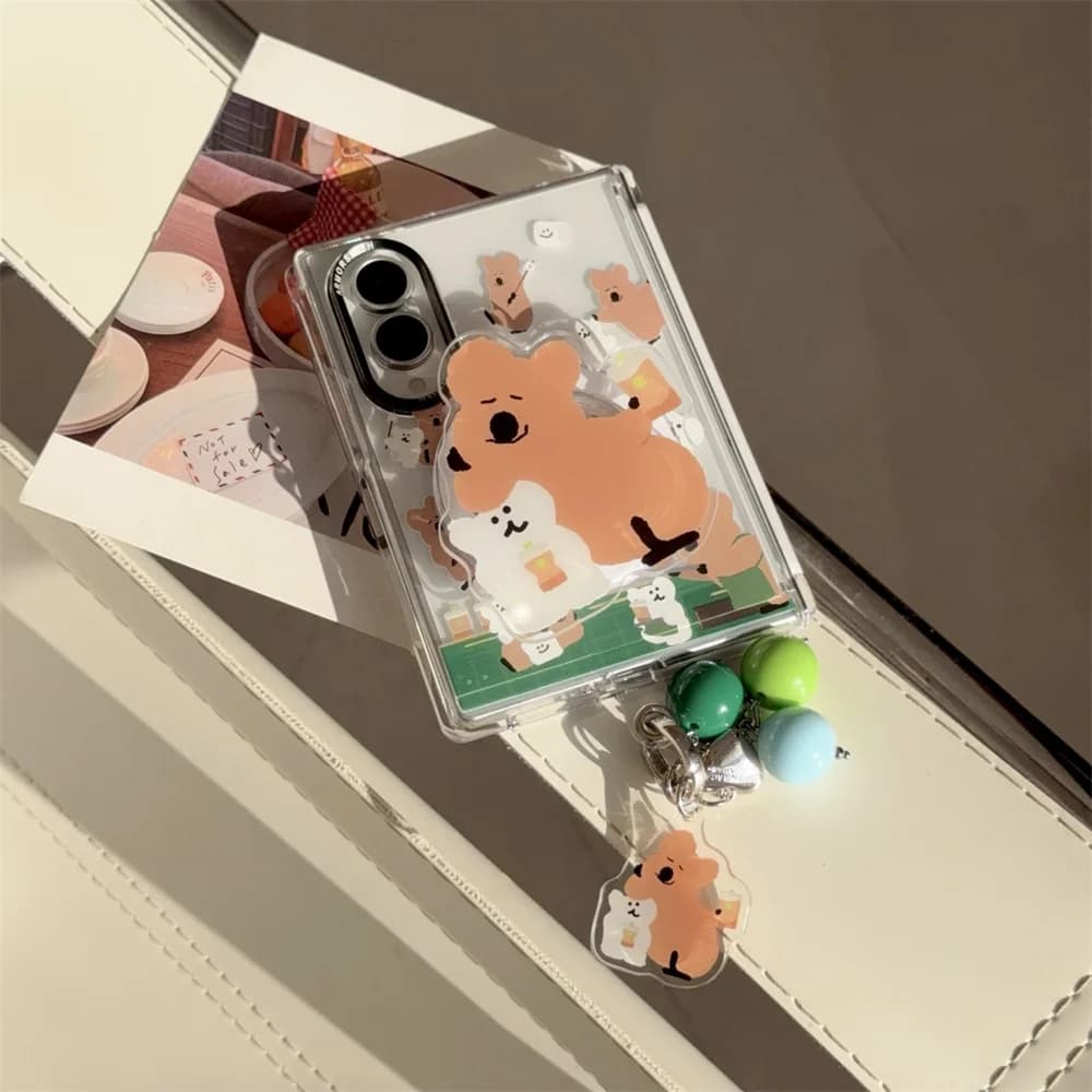 Cute Bear Magnetic Stand Phone Case For Samsung Galaxy Z Fold 8 Ultra Z Fold 7 Clear Cover Cartoon Colorful Bead Pendant Wrist