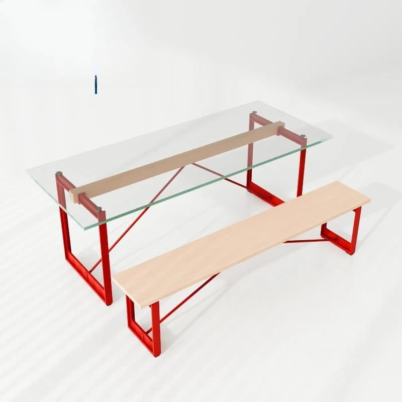 Workbench Solid carbon steel Solid wood tempered glass, industrial style dining table