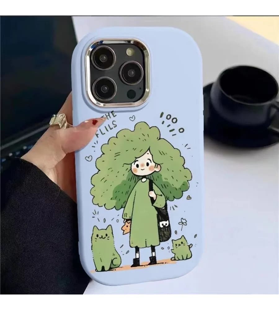 Cute Cartoon Green Hair Girl Cat Oval Silicone Phone Case For iPhone 13 14 15 16 17 Pro Max Metal Lens Frame Cover