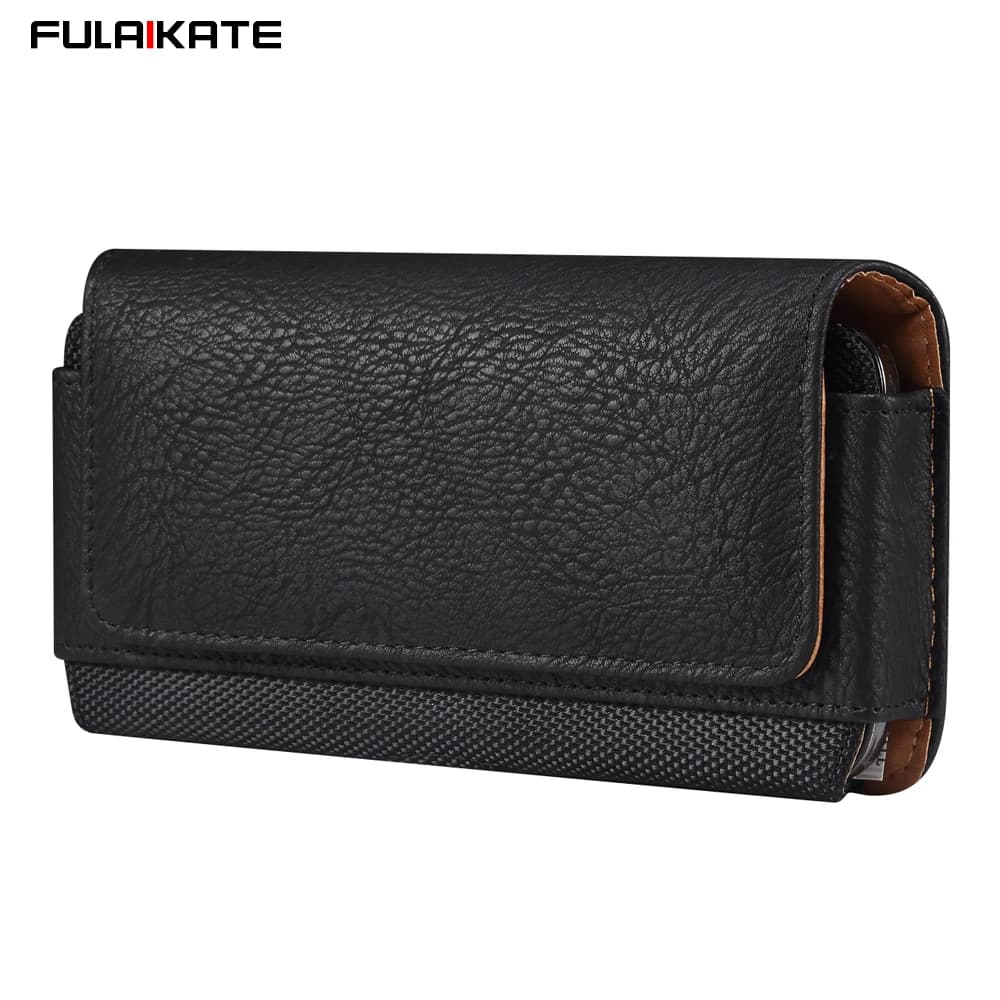 FULAIKATE Universal Waist Hanging Pouch for iPhone 14 Pro Max Horizontal 4.7"-6.9" Premium Cowhide Texture Bag for 12mini Case