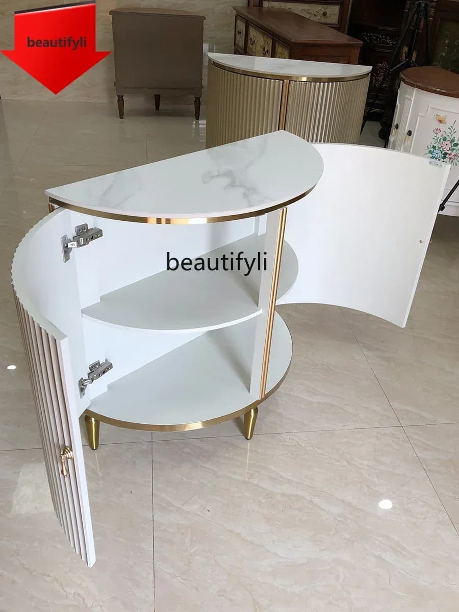 Q181 American semicircular entrance solid wood white rock slab countertop living room aisle gold-painted cabinet