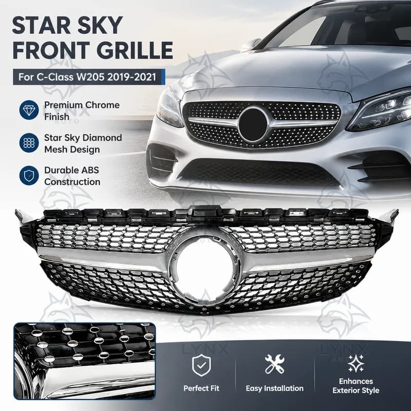 For Mercedes-Benz C-Class W205 2019-2021 Star Sky Grille Chrome Plated Silver Vertical Bars Aftermarket Grille