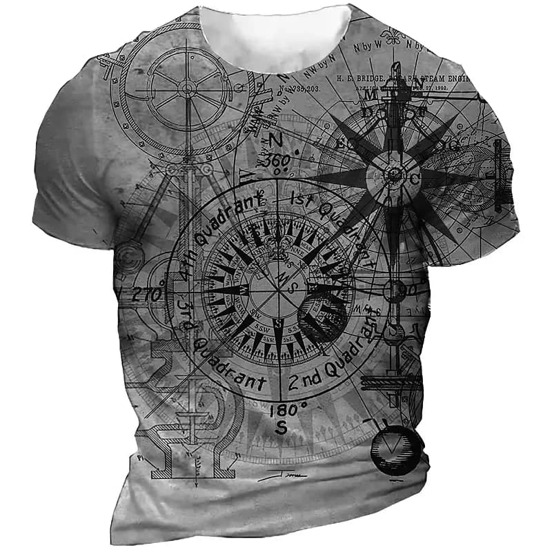 2026 Vintage Style Compass Graphic T-Shirt for Men Featuring 3D Navigation Design Crew Neck Short Sleeve Oversized Fit Casual